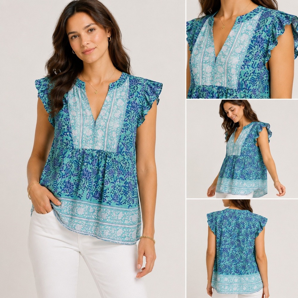 BELL Alicia Bell Peyton Flutter Sleeve Silk Cotton Block Print Blouse L